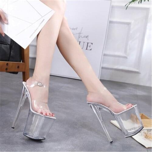 Model pole dance 20cm high thin heel cross-strap sandals for women, sexy night club crystal sandals