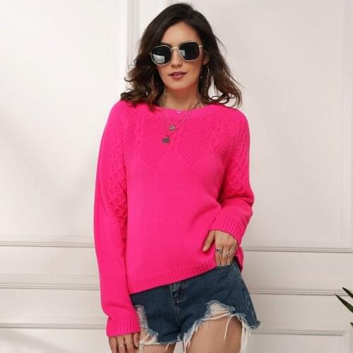 Womens Neon Sweaters Fluorescence Fuchsia Turtleneck Long Sleeve Pullovers Casual Loose O Neck Knitted Shirts Female Jumper