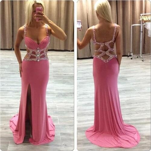 Sexy Long Beaded Hot Pink Evening Dresses with Slit Bodycon Sweep Train Zipper Back Satin Formal Party Dress for Women