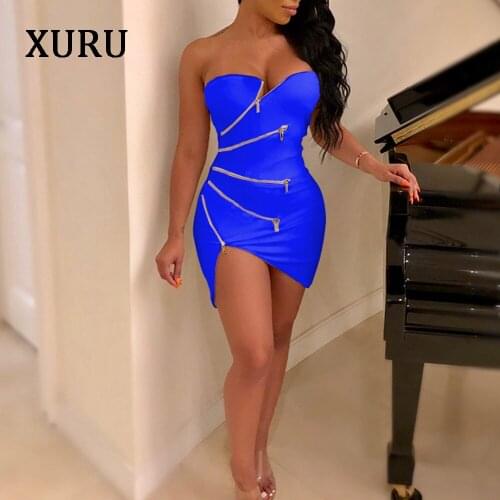 XURU Women Off Shoulder Sexy Dress White Black Blue Sleeveless Zipper Mini Dresses Party Club Asymmetrical Short Dress