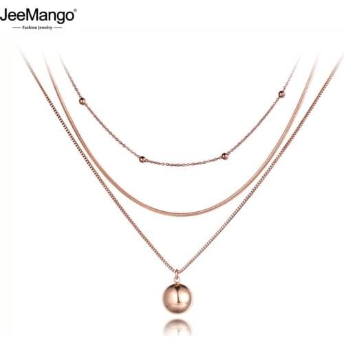 JeeMango Bohemia Titanium Stainless Steel Three-layer Round Ball Choker Necklace Jewelry Pendant Chain Jewelry For Women JN19081
