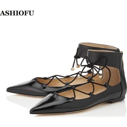 ASHIOFU Newest Handmade Womens Flat Shoes Cross-shoes Ballets Party Dress Shoes Evening Sexy Club Fashion Flats Shoes KL108