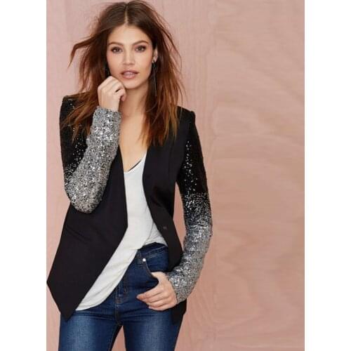 2020 Autumn Glitter Blazer Sequin Patchwork Sleeve Jacket PU Leather Slim Fit Club Jacket Coats Female Outwear Plus Size 3XL 4XL
