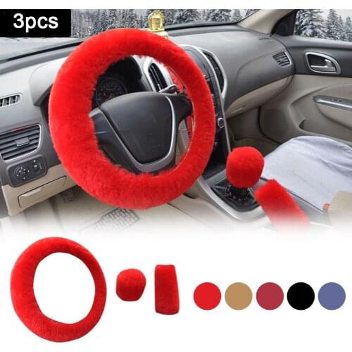 3Pcs/Set Car Steering Wheel Cover Plush Non-slip Steering Wheel Cover Handbrake Cover Gear Shift Cover Case Sleeve Car Styling