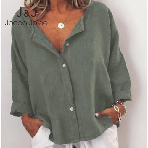 Jocoo Jolee Elegant Office Lady Casual Solid Button Shirts Women Vintage Long Sleeve Linen Loose Streetwear Tops Tunic