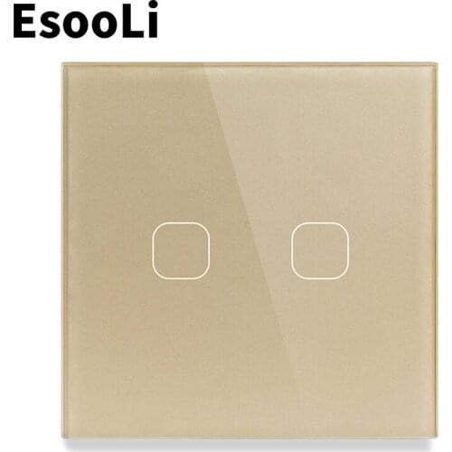 EsooLi Gold 2 Gang 1 Way EU/UK Standard Light Switch Wall Touch Sensor Switch,Crystal Glass switch power,luxury Wall Touch MUTE