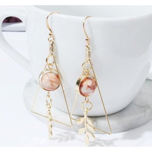 European and American Fashion Vintage Hollow Out Triangle Marble Round Beads Leaf Earrings For Woman Girls Jewelry