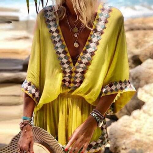Deep V Neck Dresses For Women 2021 Summer Vintage Boho Chic Femme Tunic Loose Beach Streetwear Vestidos Mini Dress