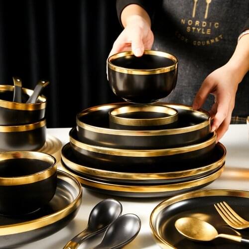 Rim Ceramics Tableware Kitchen Food Plate Bowl Cutlery Dish Quality Ceramic Plates Dinner Set For Family Hotel