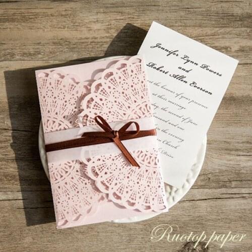 Classic Ivory Pearl Light paper Emobossing and Laser Cut Lace Wedding Invitation
