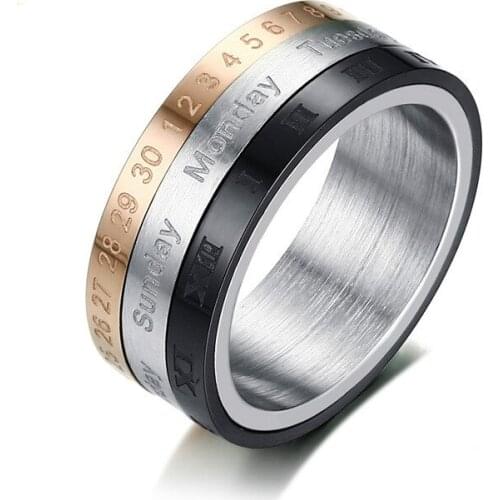 Hot Sale Date Roman Numerals Rotatable Tricolor Stainless Steel Rings For Men