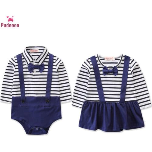 Newborn Infant Baby Girl Boy Navy Blue Striped Bodysuit Romper Cute Jumpsuit Twins Clothes Outfits