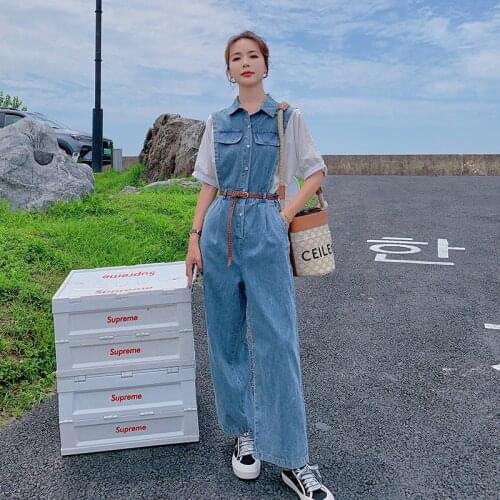 Summer Jumpsuit for Women Fashion Splice Denim Shirt Style Loose Casual Wide Leg Jeans Female Streetwear Straight Overalls 9056