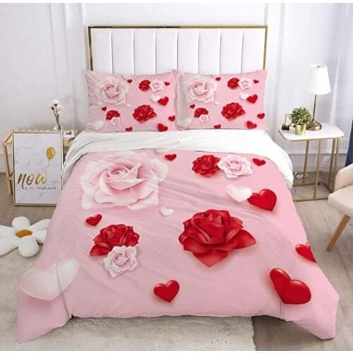 Pink Rose Flower Red Rose Flowers Love Heart Bedding Set Duvet Cover Set Comforter Cover Pillowcase Bedclothes for Girls Women