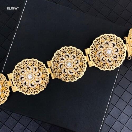 Round Shape Hollow Out Flower Woman Belts for Dress Arabic Luxury Gold Waist Chains Full Rhinestones Kaftan Wedding Belts