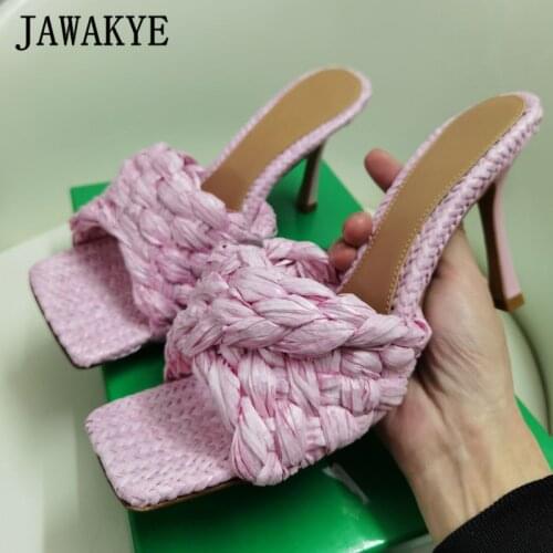 New Lafite Grass Woven High Heels Women Mules Crocheting Cross Band Square Toe Slides Spring Designer Slippers Woman Sandals