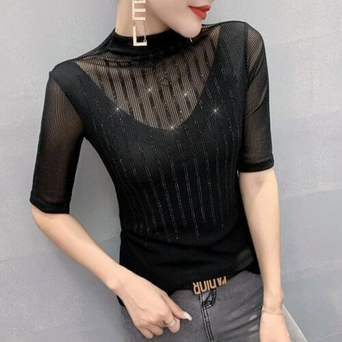 2021 Spring New Temperament T-Shirt Short Sleeve Mesh Diamond Top Tight Skinny Stretch Backing Shirt