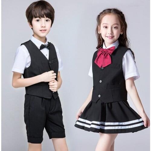 Short Sleeves Formal Black gentleman suits boys Girls weddings costumes Students Boys Girls Straps School uniform Bow Tie Outfit