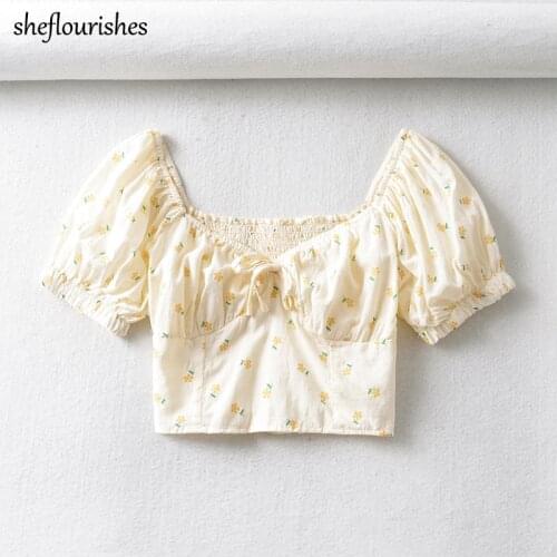 Vintage shirt women kawaii floral blouse summer short sleeve shirts sexy corset womens tops and blouses v neck bow tie top 2021