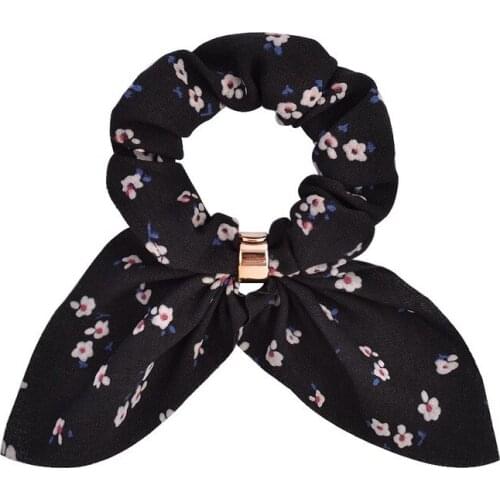 Floral Print Chiffon Rabbit Ear Hair Circle Hair Scrunchies for Women Girls Solid Color Hairbands Metal Ring Hair Accessories