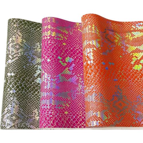 Snake Skin Pattern Printed With Holographic Laser Metallic Effect PU Faux Leather Fabric Sheet for Shoe/Bag/Decoration