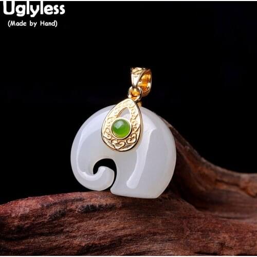 Uglyless Asian Culture Lucky Elephant Pendants for Women Natural Jade Animal Elephants Necklace NO Chain 925 Silver Jewelry P857