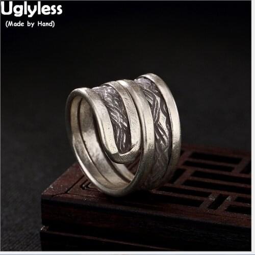 Uglyless Real 925 Sterling Silver Handmade Engrave Weave Texture Open Finger Ring Ethnic Wide Rings for Women Thai Silver Bijoux