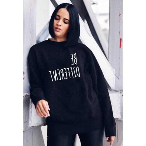 Be Different Letter Printed Womens Black Sweatshirt Winter Long Sleeve Round Neck Fashion Hipster Slogan Casual Tops Clothes