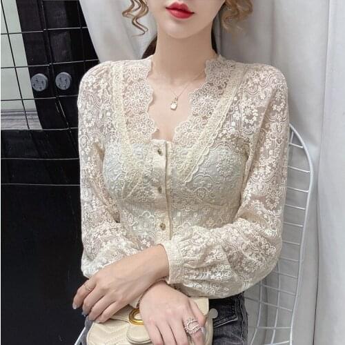 Autumn Women Hollow Out Lace Shirts Tops Elegant Transparent Blouses Puff Sleeve Chiffon Shirt Long Sleeves Office Slim Shirt