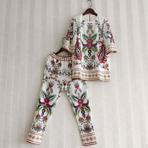 Summer 2021 Runways Womens High quality diamonds floral print three quarter sleeve T-shirts+pencil pants two piece set C699