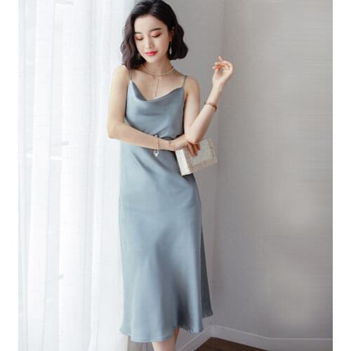 Women Solid Spaghetti Straps Backless Sleeveless Sexy satin Silk Dresses Bottom Length Ladies Casual Dress Summer Party Dress