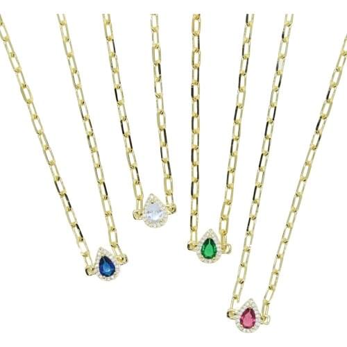 Colorful Birthstone tear drop cubic zirconia open link chain paper clip women necklace