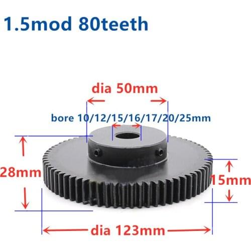 Spur Gear pinion teeth width 15mm 1.5M 80T 1.5mod gear rack 80teeth bore 10/12/15/16/17/20mm 45 steel cnc rack and pinion
