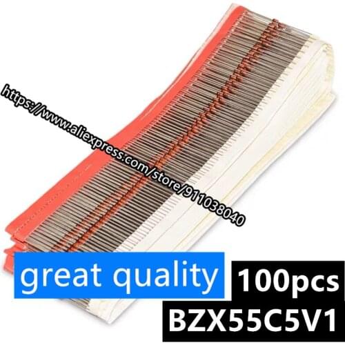 100 pcs) 1/2W Zener diode BZX55C5V1 5.1V 0.5W Zener tube straight plug DO-35
