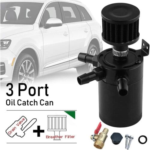 3 Port Oil Catch Can Kit 1 oulet + 2 intlet Compact Baffled Engine Oil Fuel Reservoir Tank with Breather Filter and Drain Valve