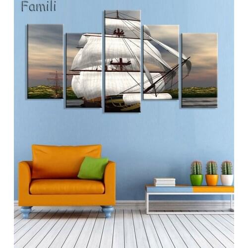 5Pcs/set Frameless Canvas Painting sailboat Painting for Living Room Wall Art Posters and Prints Modern Pictures Decoration