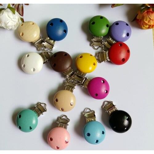 5 pcs/lot Wooden Baby Children Pacifier Holder Clip Infant Cute Round Nipple Clasps For Baby Product Hole 4.4cm x 3cm 16 Colors