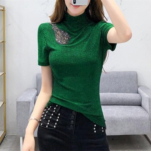 #5910 Black Red Green Shinny Turtleneck T Shirt Women Short Sleeved Slim Hollow Out With Diamonds Tight Basic T-shirt Femme Sexy