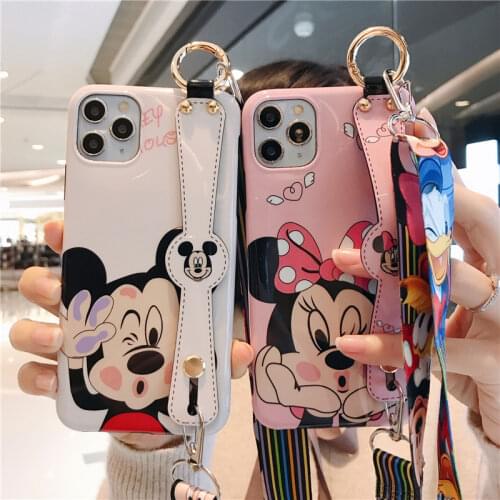 Disney Phone Case for Apple IPhone 12mini 12 12Pro 12promax 7 8 X XS XR 8Plus XSMAX Mickey Minnie with Wrist Strap Holder Cover