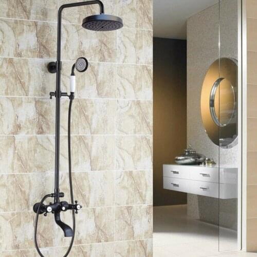 Black Oil Rubbed Brass Dual Cross Handles Bathroom 8 Inch Round Rain Shower Faucet Set Bath Tub Mixer Tap Hand Shower mhg108