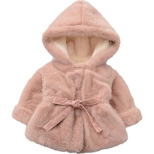 Children 0-4 years baby girls winter coat hooded bowknot brim thickening princess fluffy coat