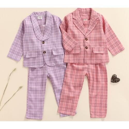 FOCUSNORM Fashion 3Pcs Kids Girls Outfit Autumn Leisure Plaid Long Sleeve Suit Tops + Pants + Short Camisole Set Outfits 2-7Y