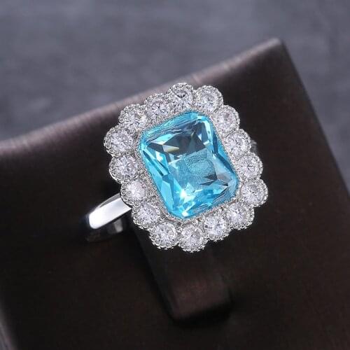 Dainty Bridal Square Zircon Engagement Ring Female Luxury Aqua Blue Crystal Ring Antique Silver Color Wedding Rings For Women