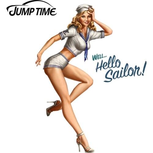JumpTime 13cm x 9.7cm Car Sticker Sexy Pinup Girl Hello Sailor Window Bumper Decal Motorcycle Car Styling Vintage Graphics