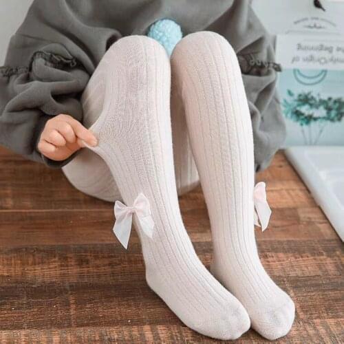 Tights For Girls Children Spring Autumn Bowknot Pantyhose Solid Color Cotton Kids Infant Knitted Collant