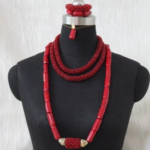 DUDO Nigerian Wedding Jewelry Set 3 Layers Nature Coral +Crystal Beaded Wine Necklace and Bracelet Earrings Set For Women