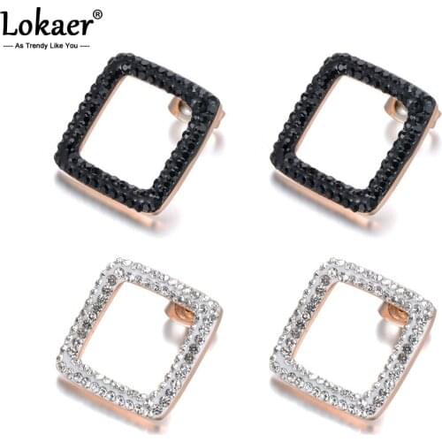 Lokaer Trendy Stainless Steel Jewelry White/Black Clay Cystal Earrings Rose Gold Color Square Shape Christmas Gift E18457
