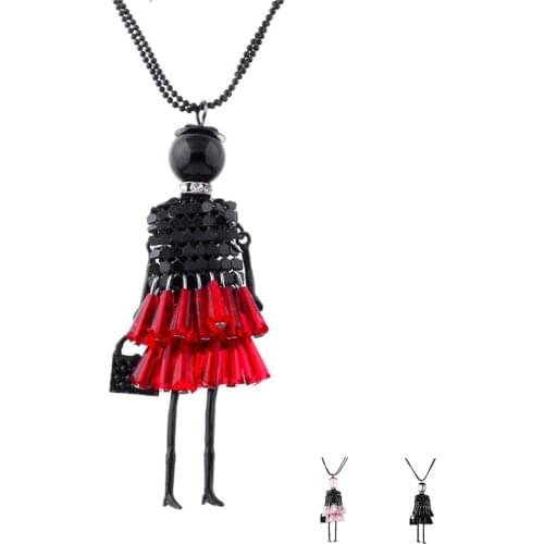 Fashion Long Red Black Girl Doll Beads Pendant Necklace For Women Girl Exaggerate Crystal Tomentum Figure Necklace Jewelry Gift