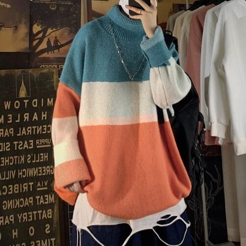 Fashion Autumn And Winter New Reversible Turtleneck Sweater Color Matching Youth Couple Korean Clothes Pullover Men