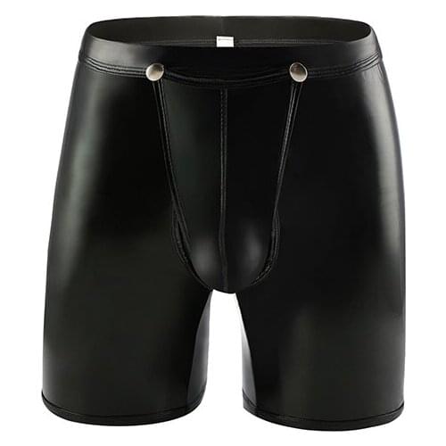 Men Sexy Faux leather Long Boxer Gym shorts Big Pouch Lingerie Front Button Open Underwear Big pouch Underpants